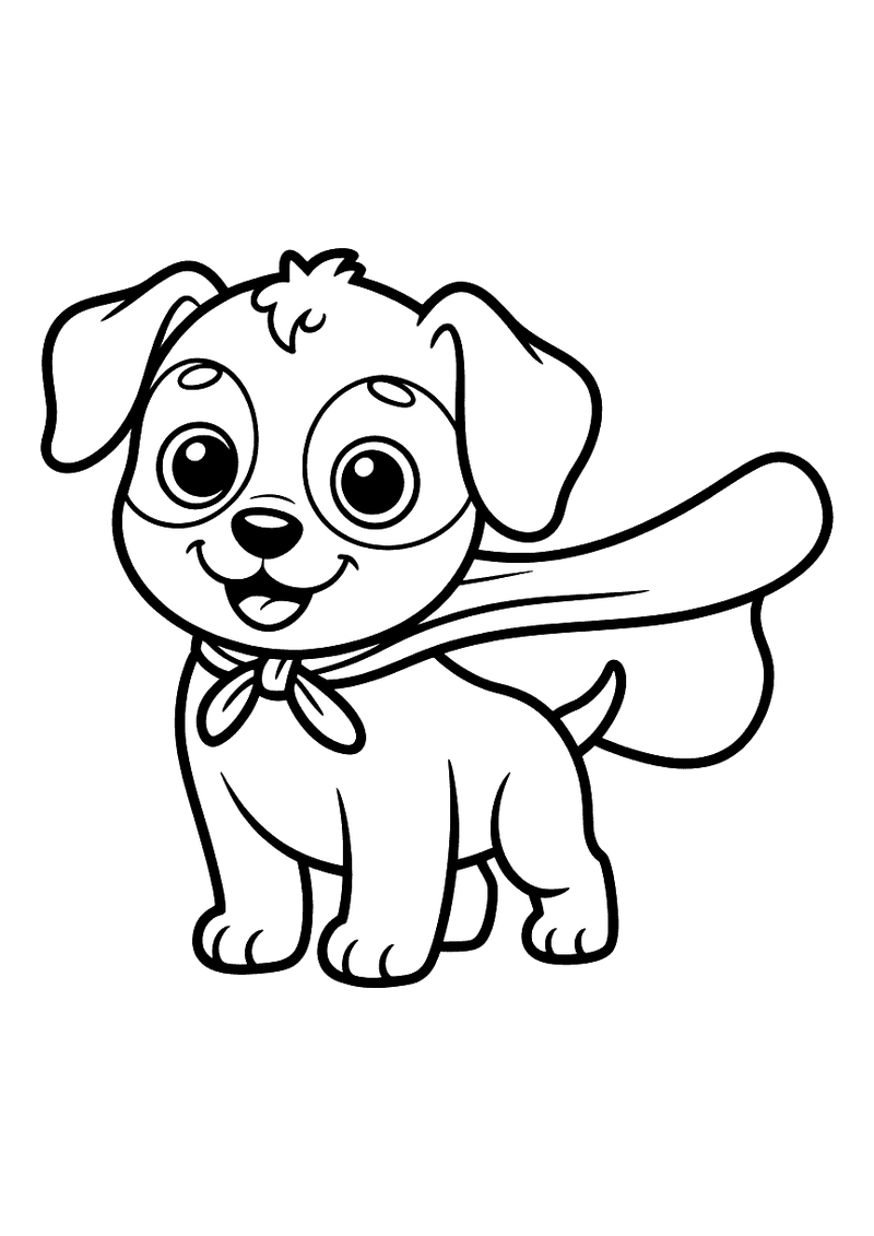 Kleurplaat van een puppy die rechtop staat met een wapperende superheldencape aan zijn nek en een strijdlustige blik