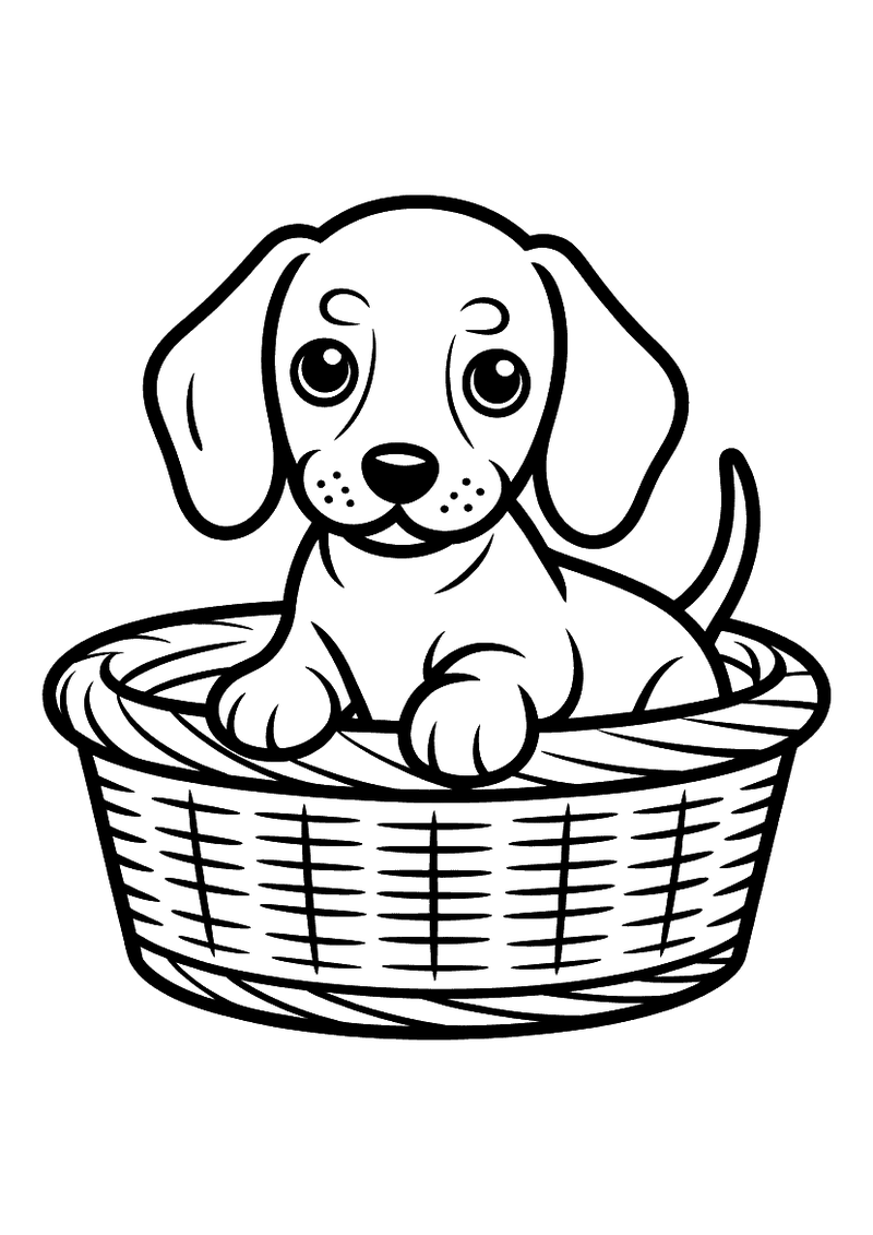 Kleurplaat van een Teckel puppy met lange hangende oren die in een gevlochten mand zit en je vriendelijk aankijkt