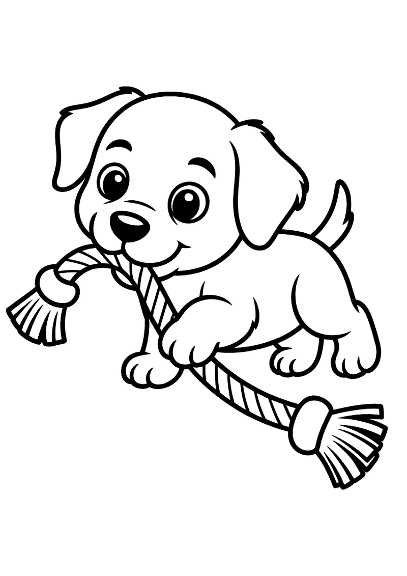 Kleurplaat van een schattige puppy die speels aan een gevlochten touw trekt met zijn mond en poten