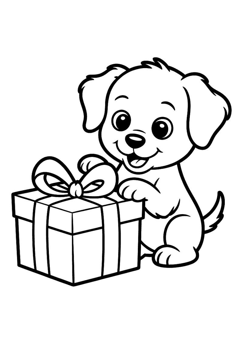Kleurplaat van een lachende puppy die naast een groot ingepakt cadeaupakje met strik zit en ernaar kijkt