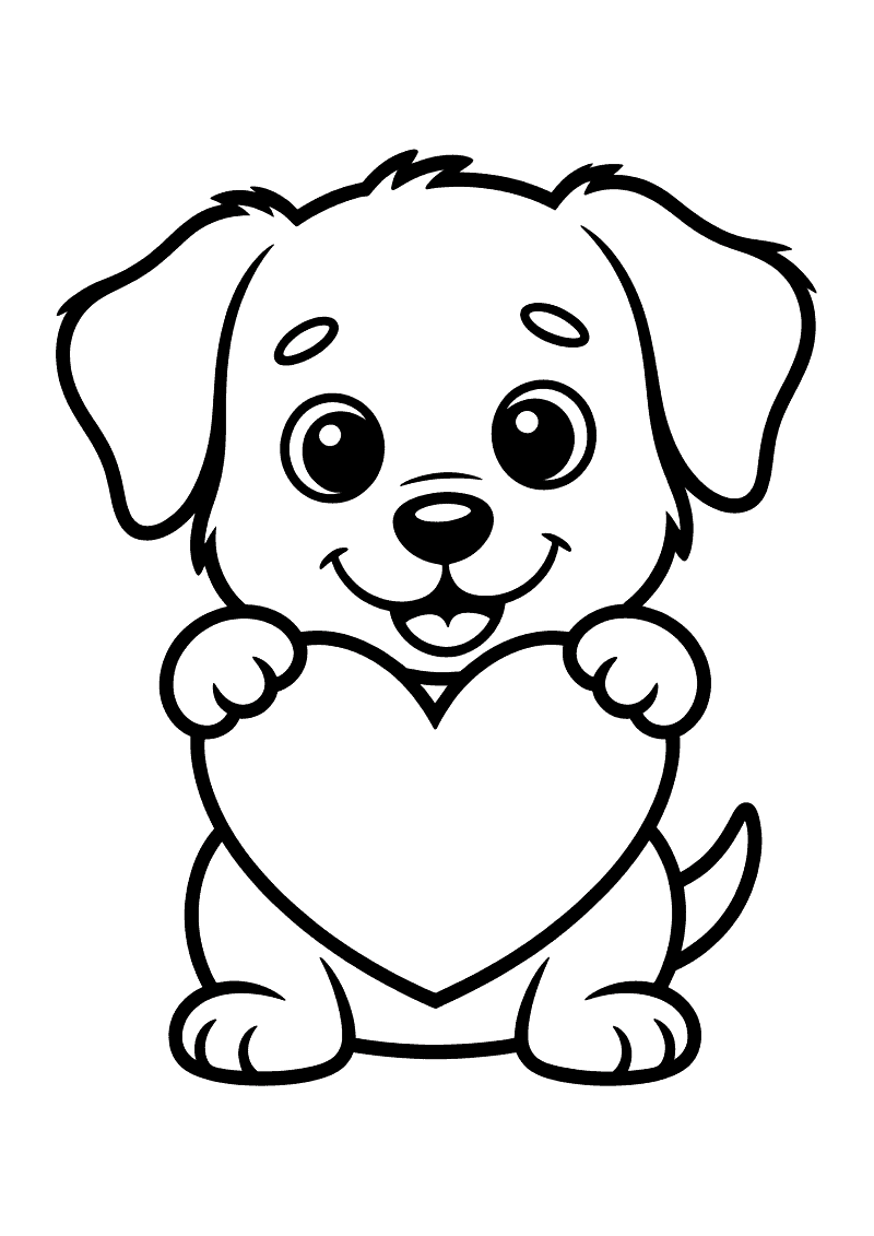 Kleurplaat van een lachende puppy die met beide voorpoten een groot hart omhoog houdt op een witte achtergrond