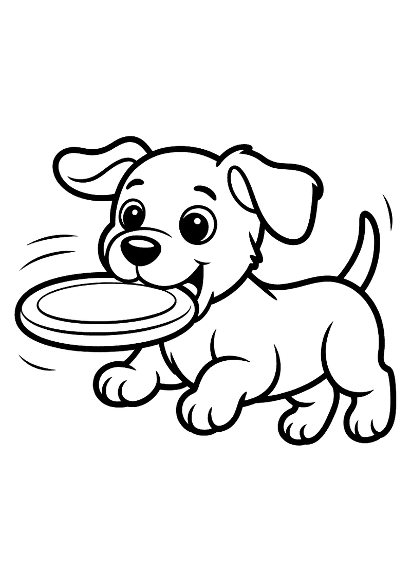 Kleurplaat van een rennende puppy die een frisbee in zijn bek vasthoudt met zijn oor flapperend in de wind