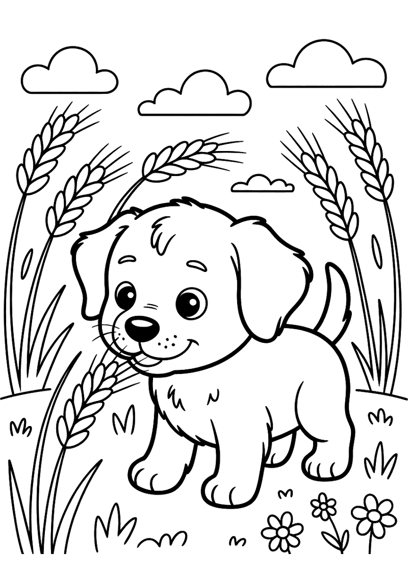 Kleurplaat van een nieuwsgierige puppy die door een groen veld loopt en alles om zich heen verkent