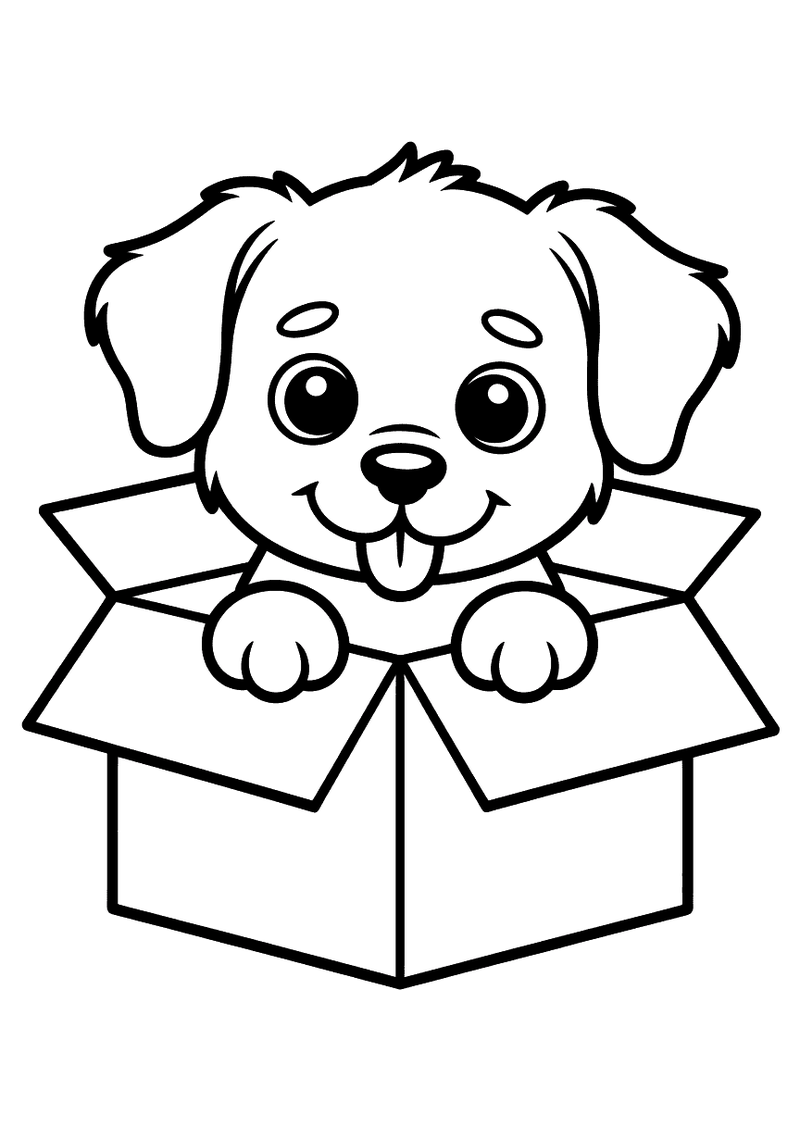 Kleurplaat van een puppy die met zijn hoofd uit een kartonnen doos gluurt en nieuwsgierig kijkt