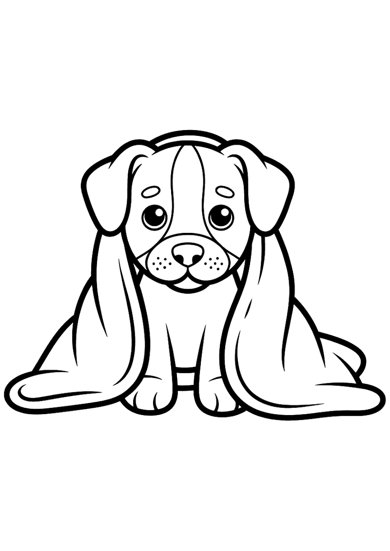 Kleurplaat van een puppy die onder een grote zachte deken zit verscholen en met grote ogen vooruit kijkt