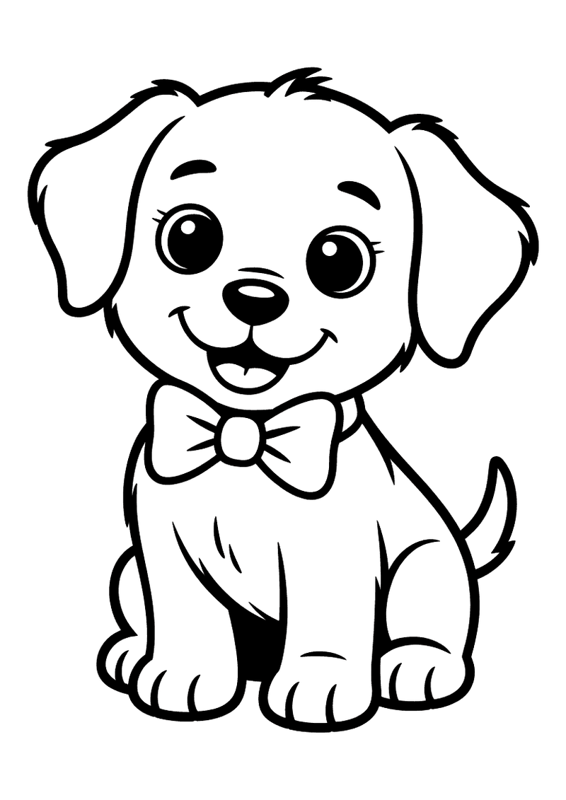 Kleurplaat van een zittende puppy met een grote vlinderdas om zijn nek die breed lacht naar de kijker