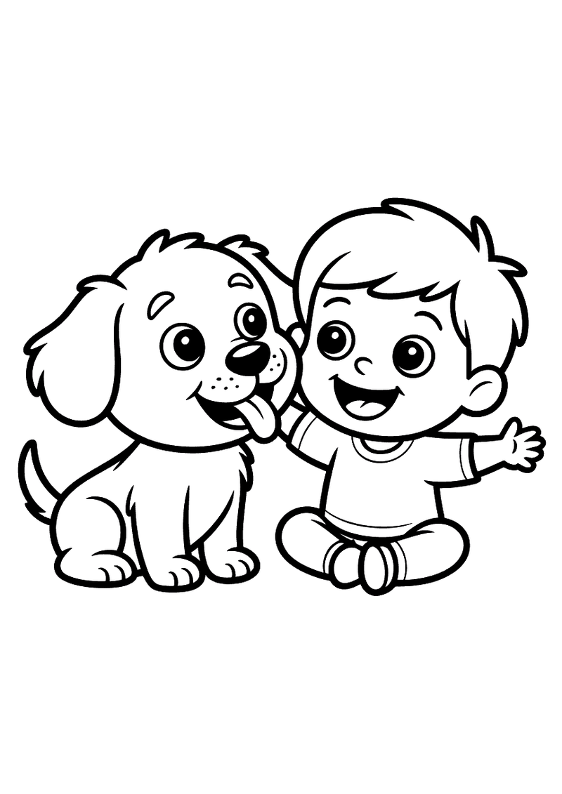 Kleurplaat van een lachende puppy naast een vrolijk kleuter die de hond aait terwijl de pup zijn tong uitsteekt