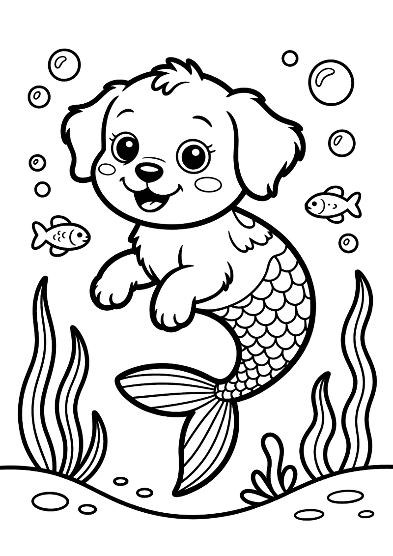 Kleurplaat van een puppy met een zeemeerminstaart die onderwater zwemt tussen zeewieren, luchtbellen en kleine visjes