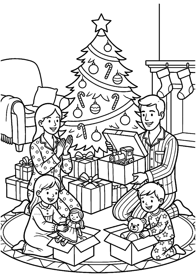 Kleurplaat van vader, moeder en twee kinderen in pyjama die kerstcadeaus openen onder de boom; pop en treintje.