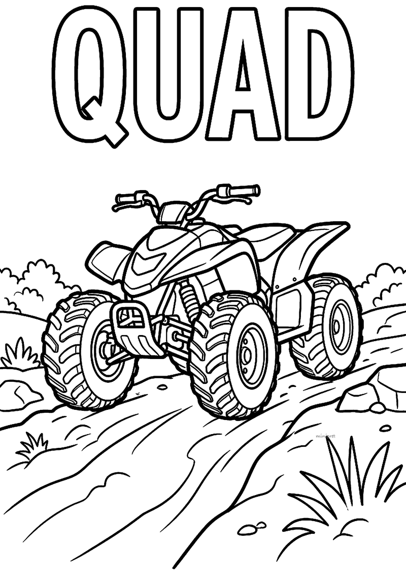 Kleurplaat van een quad met grove banden op een hobbelig zandpad tussen rotsen, struiken en graspollen