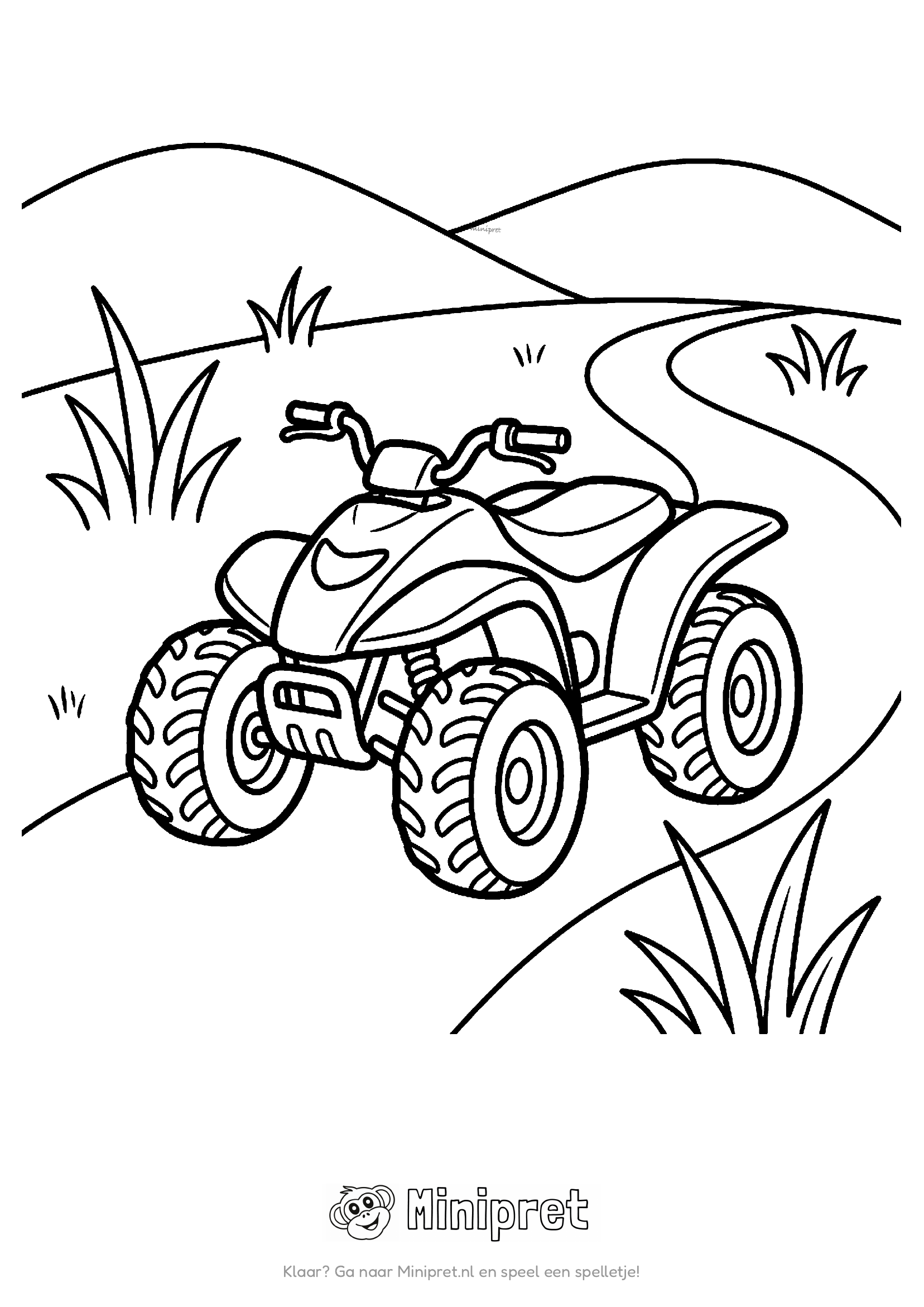 Stoere quad met vier dikke profielbanden staat op een kronkelend pad door grasheuvels met grassprietjes ernaast
