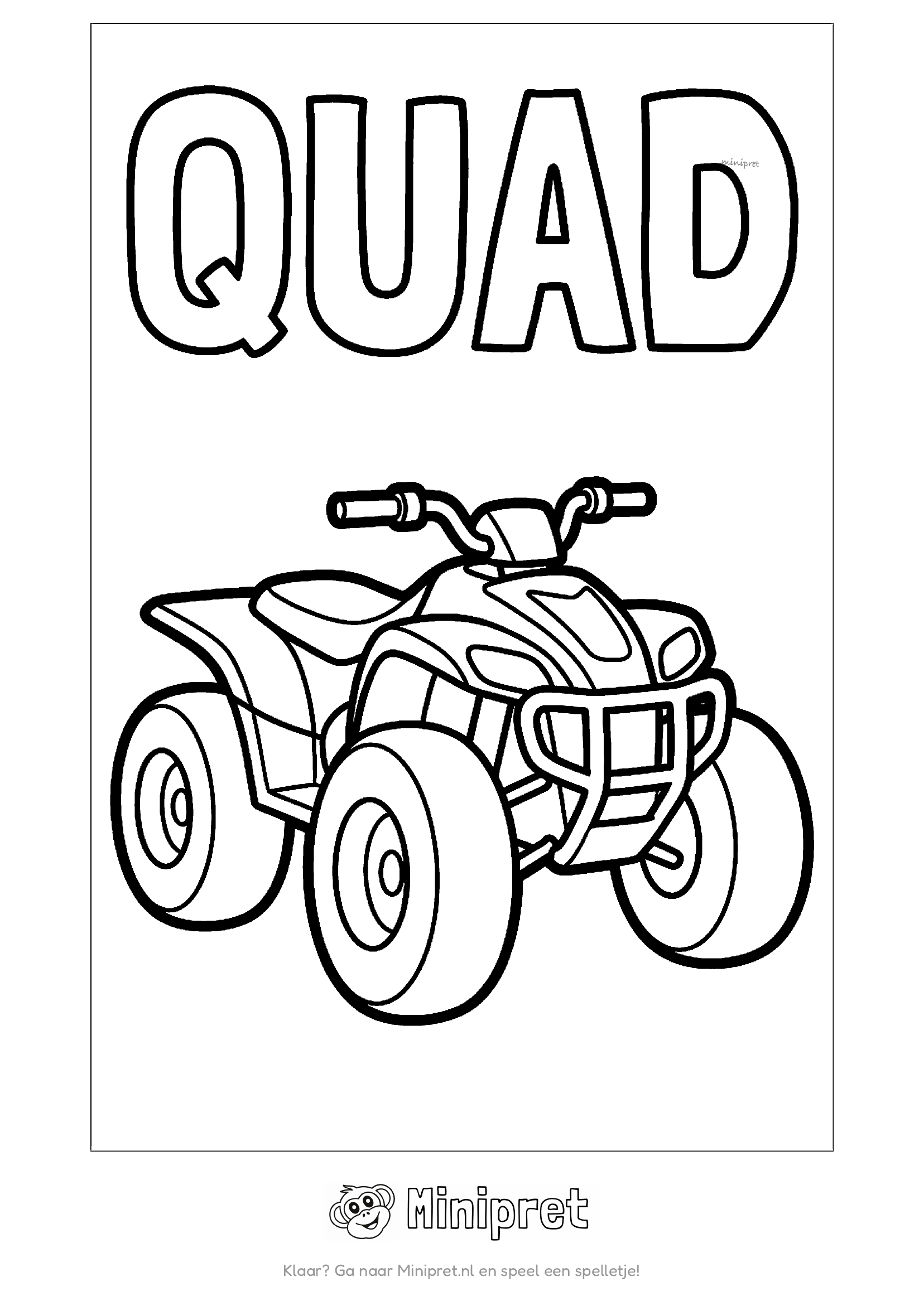 Stoere quad met dikke profielbanden en een grille aan de voorkant, met het woord QUAD in dikke holle letters erboven