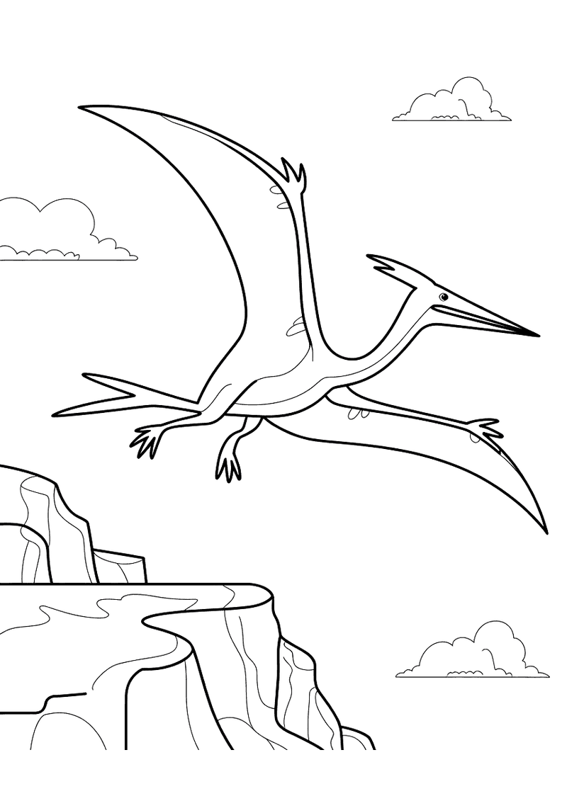 Kleurplaat van een Quetzalcoatlus met breed uitgestrekte lange vleugels die boven een rotsklif zweeft met wolken en blau
