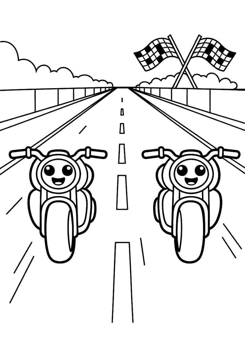 Kleurplaat van twee lachende motorfietsen die naast elkaar over een rechte racerbaan rijden richting geblokte vlaggen