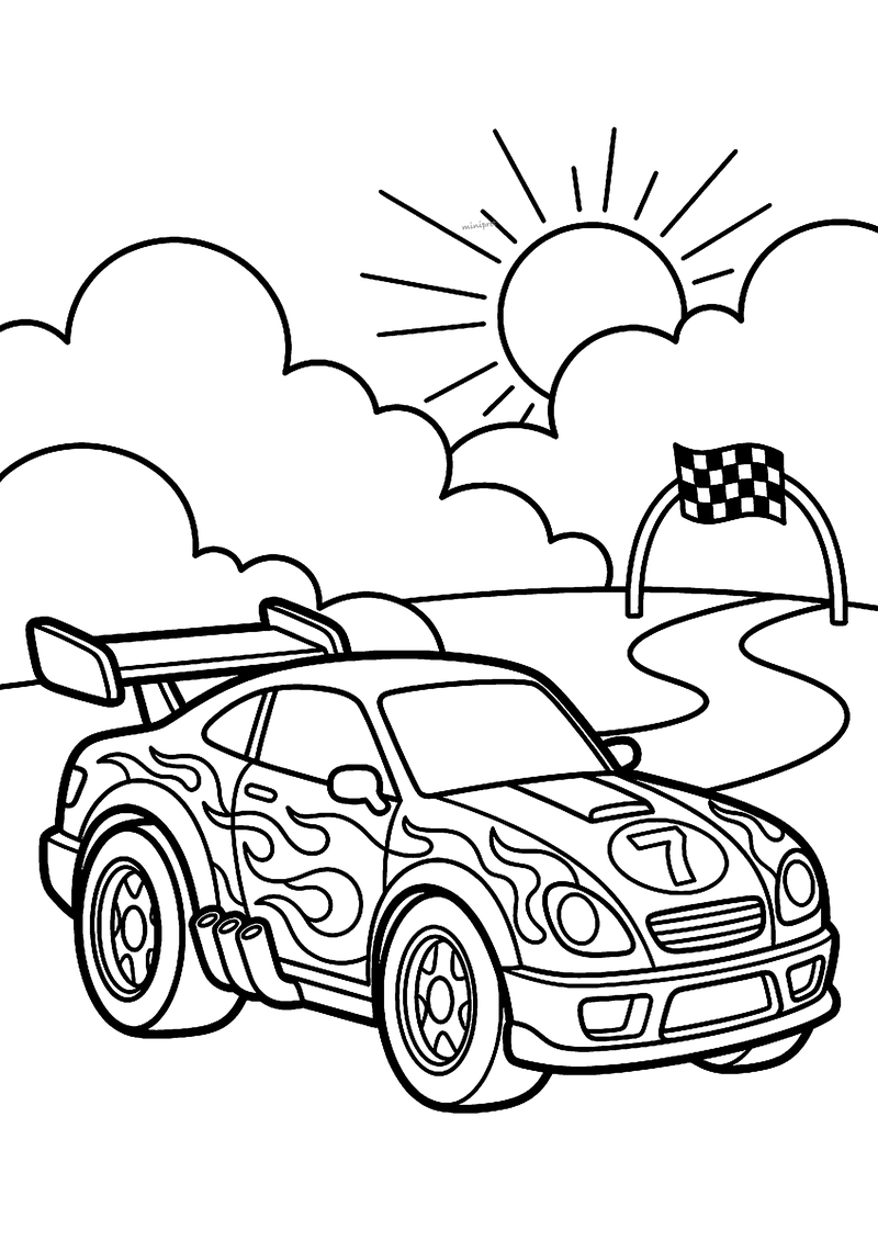 Kleurplaat van een raceauto met vlammen op de zijkant en het nummer 7, met circuit, finishvlag, zon en wolken