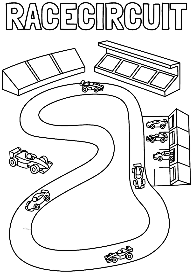 Kleurplaat van een kronkelend racecircuit met raceauto's op de baan, tribunes en een pitgebouw met garages