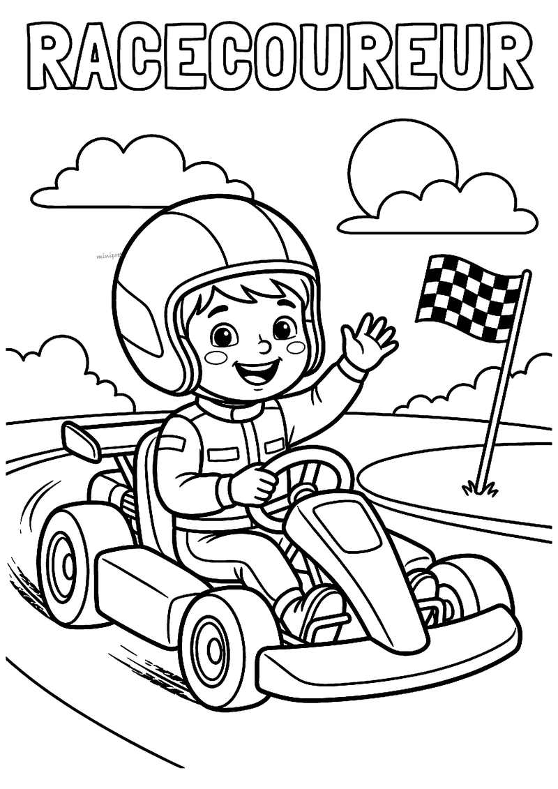 Kleurplaat van een zwaaiend kind met grote helm en racepak dat in een kart over het circuit rijdt, met een geblokte vlag