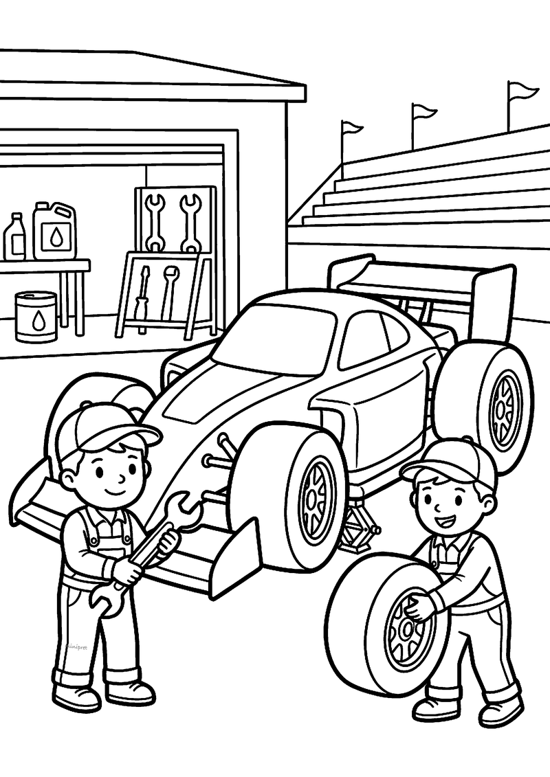 Kleurplaat van twee monteurs met pet, een met een moersleutel en een met een band, bij een raceauto voor de garage