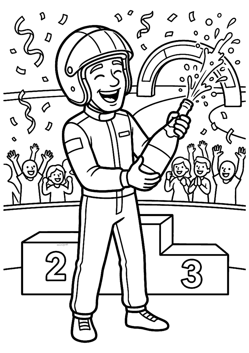 Kleurplaat van een lachende coureur met helm die een fles laat spuiten bij het podium, met juichend publiek en confetti