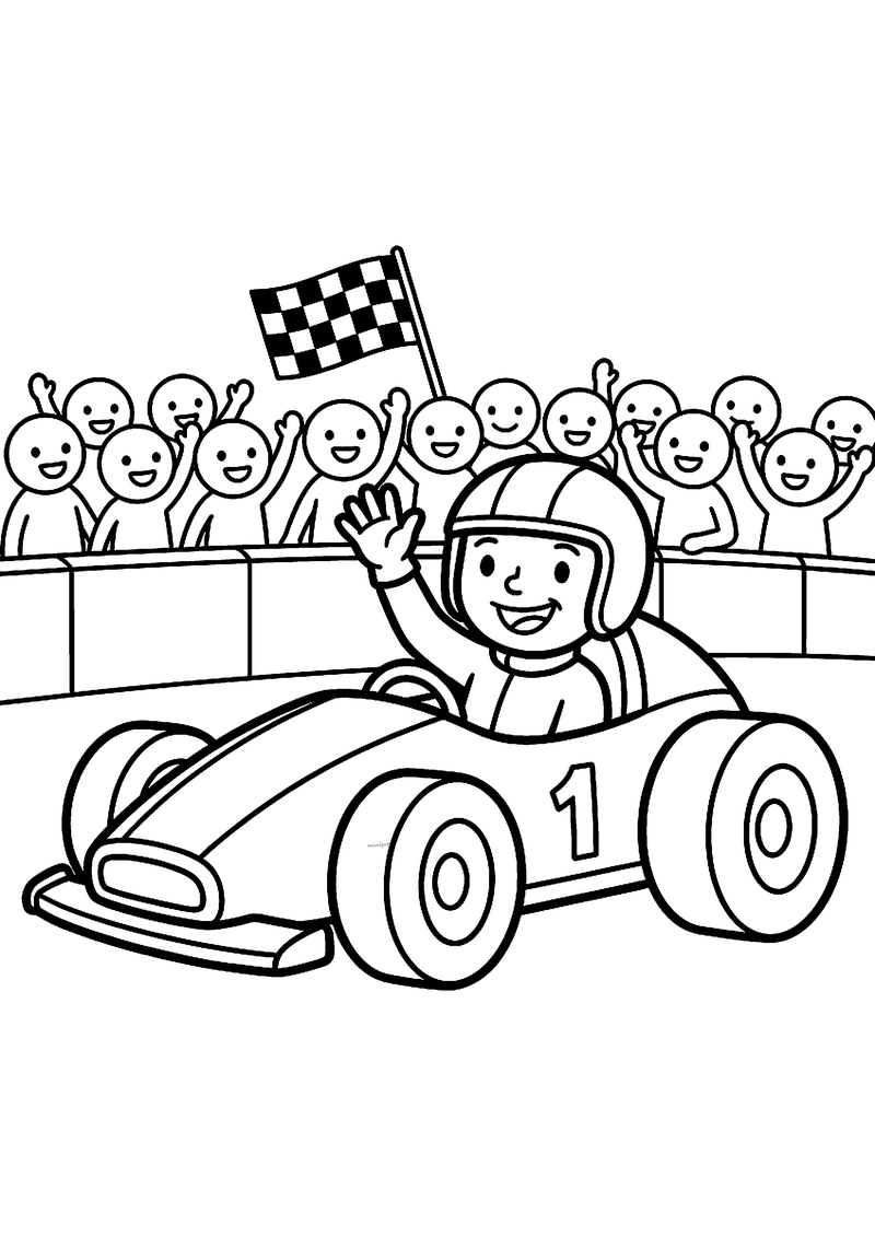 Kleurplaat van een racecoureur met helm die zwaait vanuit raceauto nummer 1, met juichend publiek en een geblokte vlag