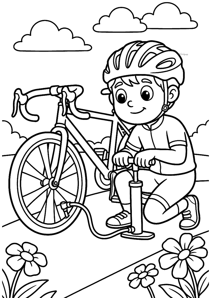 Kleurplaat van een jongen met fietshelm die geknield de band van zijn racefiets oppompt met een staande pomp