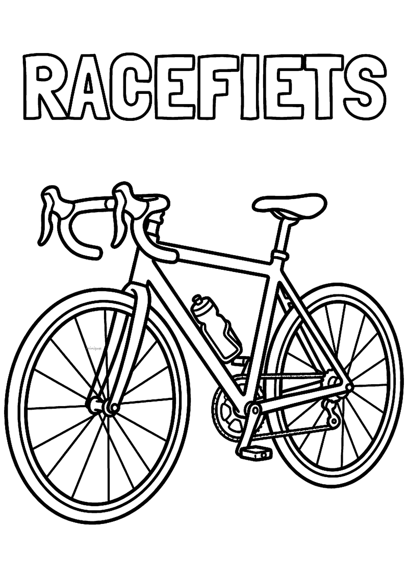 Kleurplaat van een racefiets van opzij met krul-stuur, smalle banden en een bidon in de houder, met RACEFIETS erboven