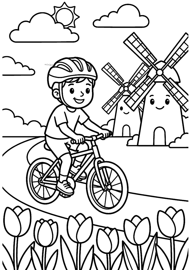Kleurplaat van een jongen met fietshelm die over een pad fietst langs twee lachende windmolens en een rij tulpen