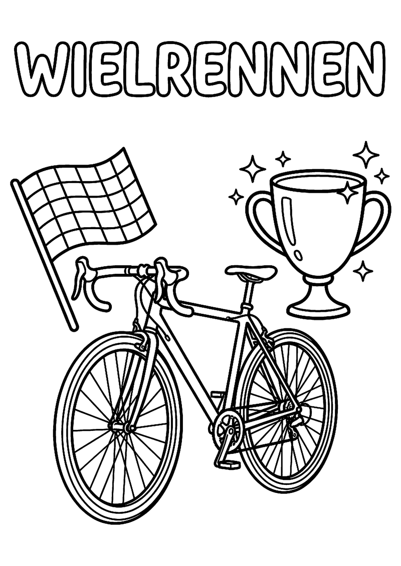 Racefiets met Beker Sterretjes en Simpele Finishvlag met Tekst Wielrennen Tour de France Kleurplaat — gratis kleurplaat printen