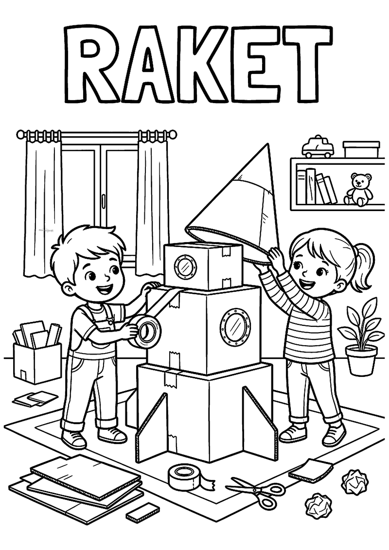 Kleurplaat van een jongen en meisje die een raket bouwen van kartonnen dozen met plakband, met RAKET erboven