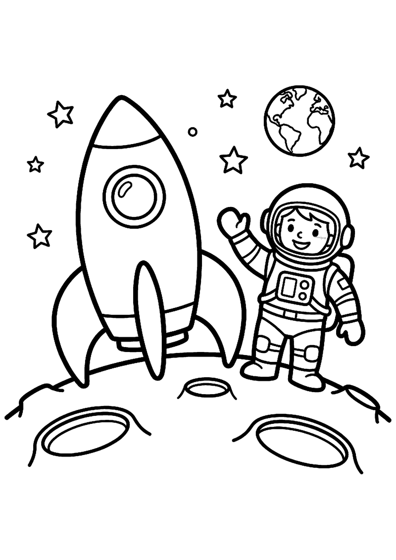 Raket op de maan met astronaut kleurplaat