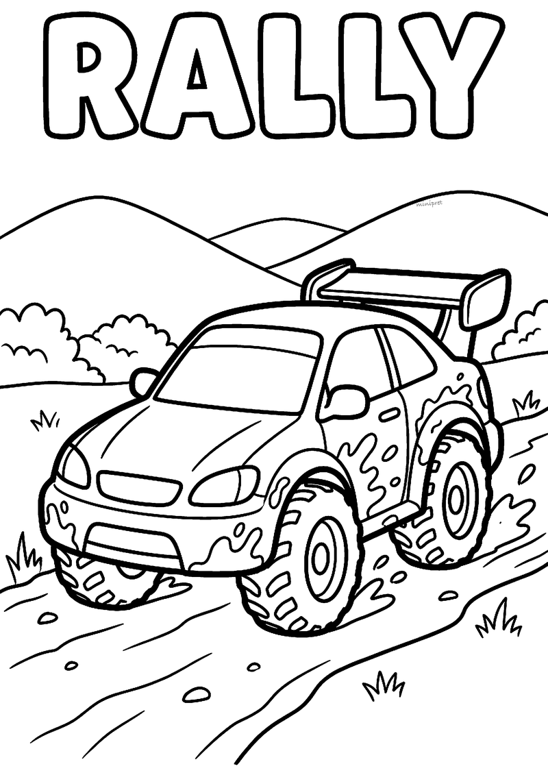 Kleurplaat van een rallyauto met spoiler en modderspatten op een onverharde weg tussen heuvels en struiken