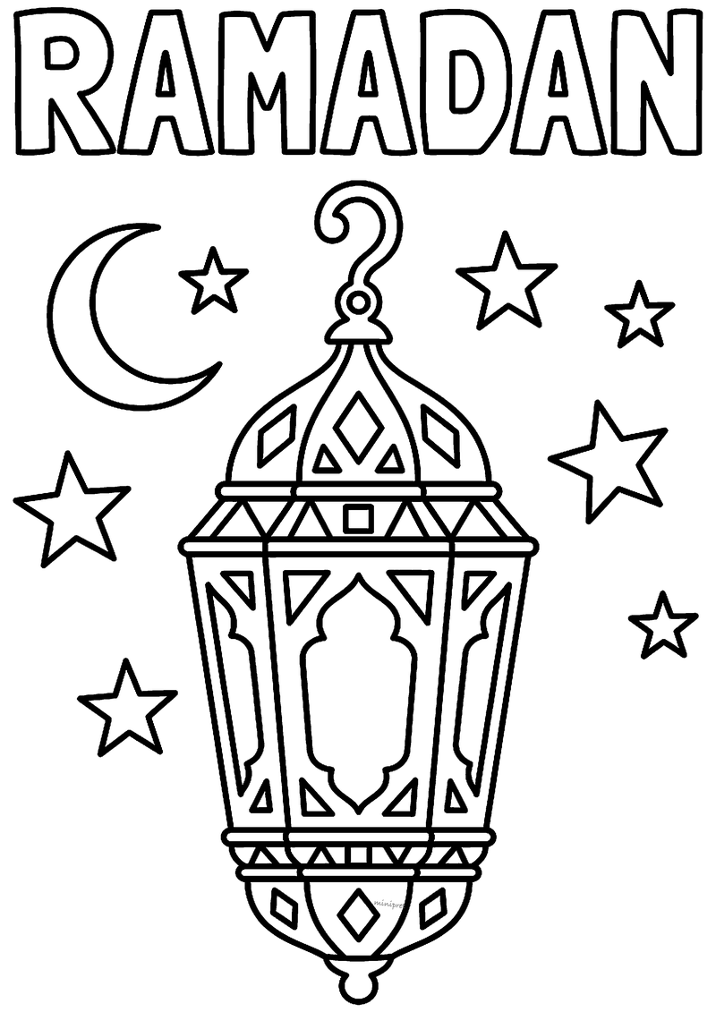 Kleurplaat van een grote versierde ramadan lantaarn aan een haak, met wassende maan en sterren eromheen