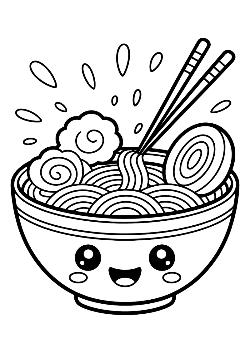 Kleurplaat van een kawaii noedelkom met lachend gezichtje, ramen-noedels, narutomaki-schijfje en eetstokjes erin.