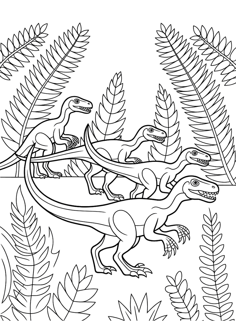 Kleurplaat van drie raptors die gedekt door grote varens in een groep sluipen, klaar om te jagen in een prehistorisch wo