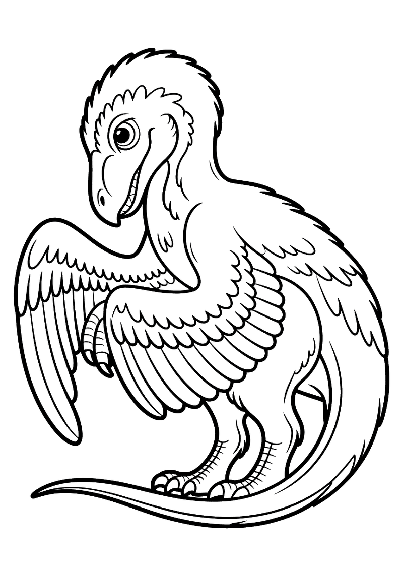 Kleurplaat van een raptor met uitgebreide vleugelveren die zijn hoofd naar zijn lichaam buigt alsof hij zijn veren aan h