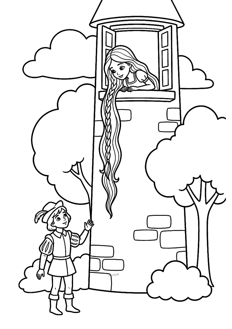 Kleurplaat van Rapunzel die haar lange vlecht uit het torenraam laat zakken naar de zwaaiende prins beneden