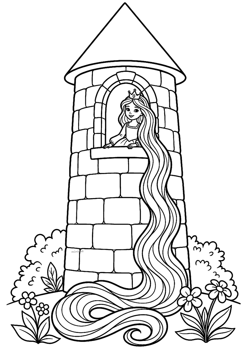 Kleurplaat van Rapunzel met kroontje in het raam van een stenen toren, haar golvende haar reikt tot de grond