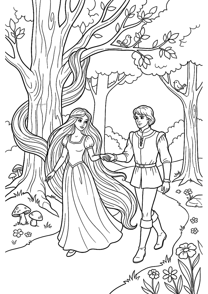 Kleurplaat van Rapunzel met heel lang haar om een boom die hand in hand met de prins over een bospad loopt