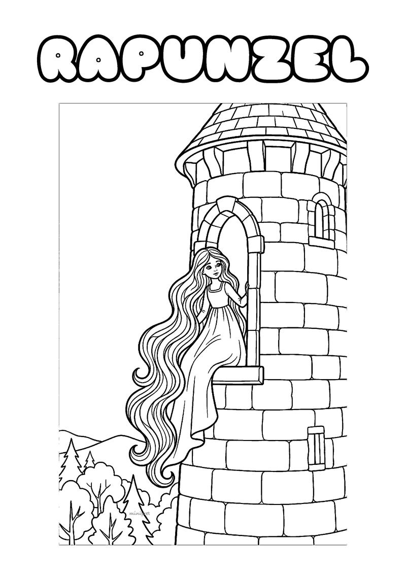 Kleurplaat van Rapunzel die in het boogvenster van een stenen toren zit met haar lange haar naar buiten