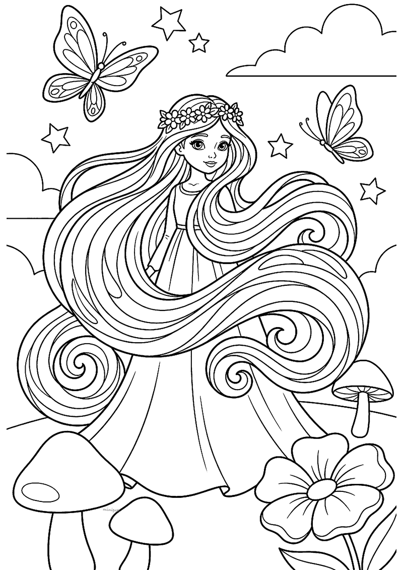 Kleurplaat van Rapunzel met bloemenkrans en enorm lang, krullend haar tussen vlinders, sterren en paddenstoelen