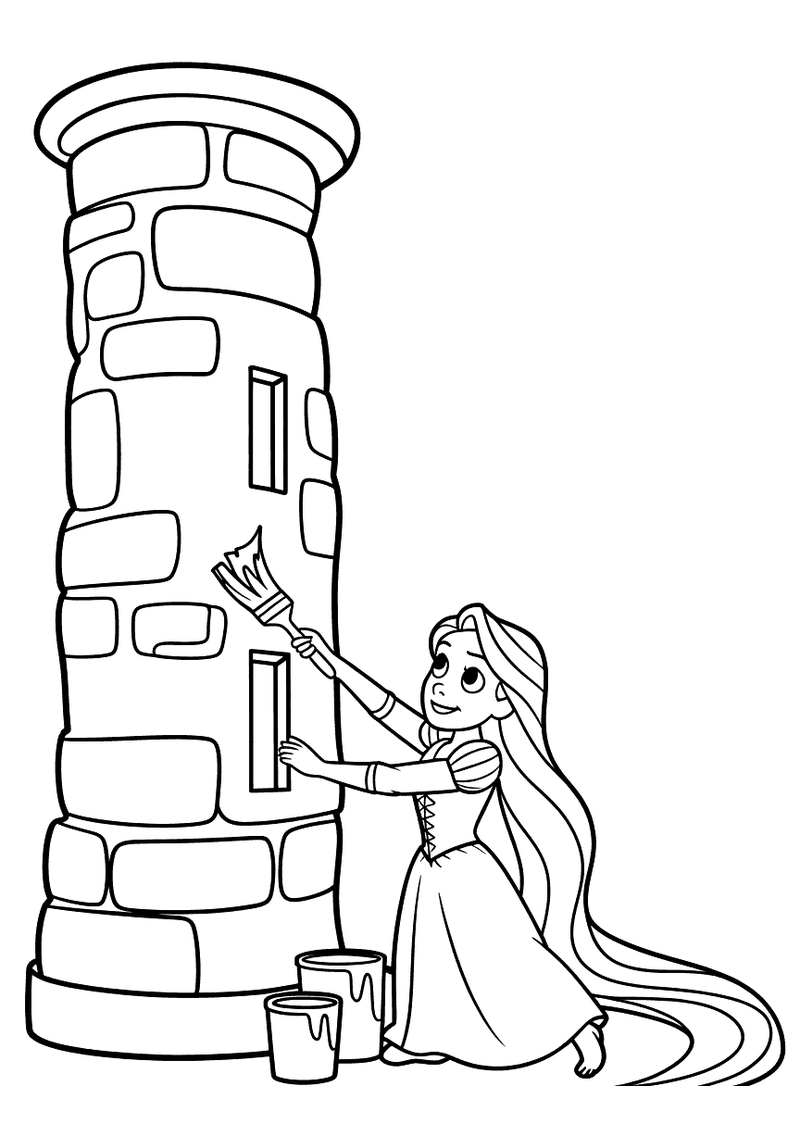 Rapunzel Schildert Haar Torenmuren — gratis kleurplaat