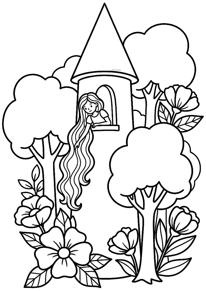 Eenvoudige kleurplaat van Rapunzel die uit het raam van een toren hangt, tussen bomen en grote bloemen