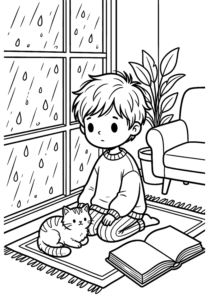 Kleurplaat van een kind bij een regenachtig raam met een kat, een boek en een fauteuil