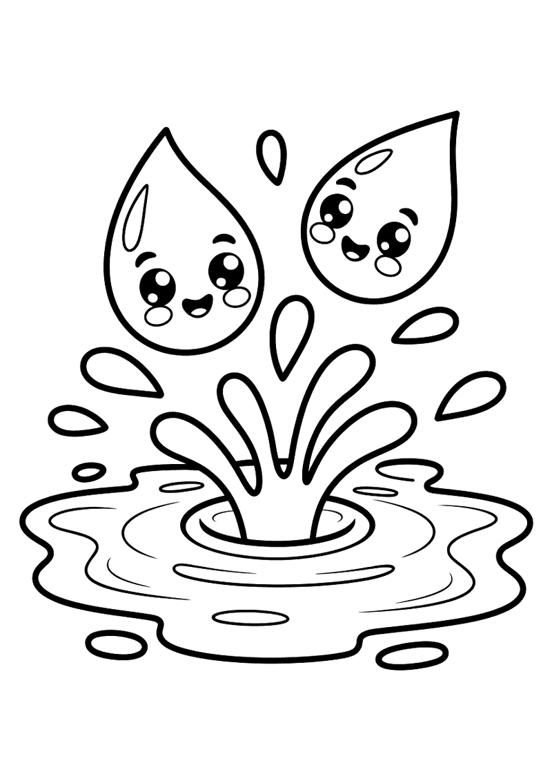 Kleurplaat van twee kawaii regendruppels met blije ogen boven een waterplas met spetters en rimpelingen.