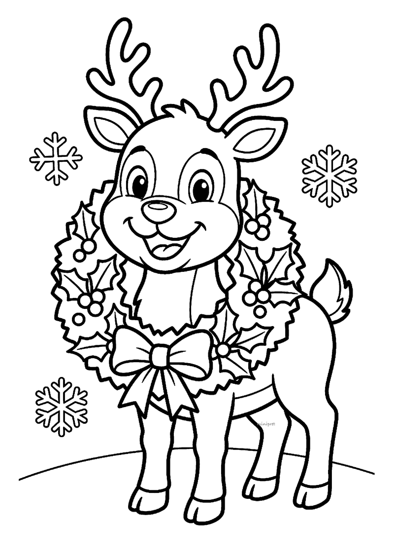Kleurplaat van een lachend rendier met grote geweien dat een dichte kerstkrans met hulstbladeren en strik om zijn hals.