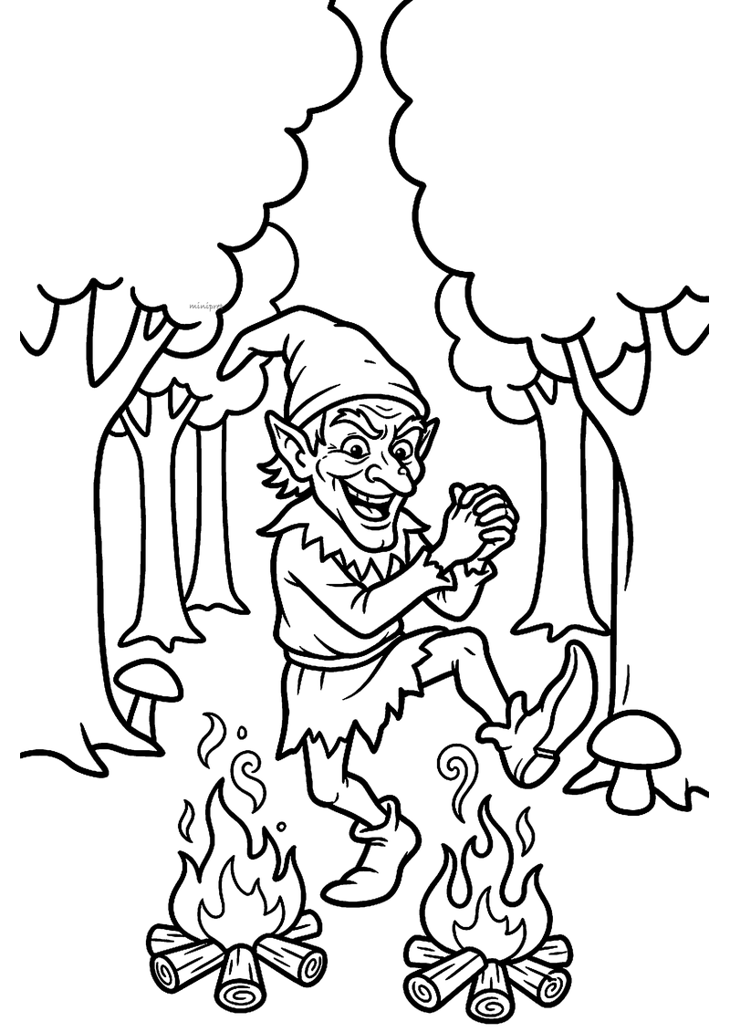 Kleurplaat van Repelsteeltje die met een grijns om twee kampvuren danst in het bos