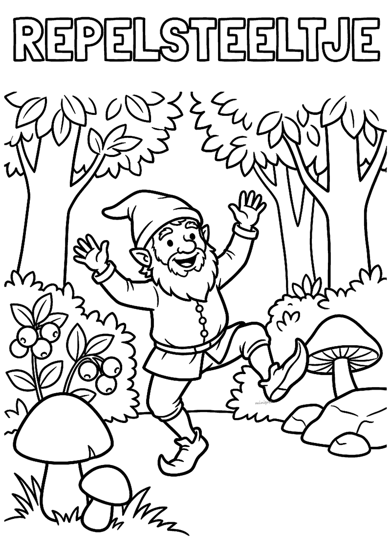 Kleurplaat van Repelsteeltje met puntmuts en baard die vrolijk huppelt in het bos tussen paddenstoelen en bessen