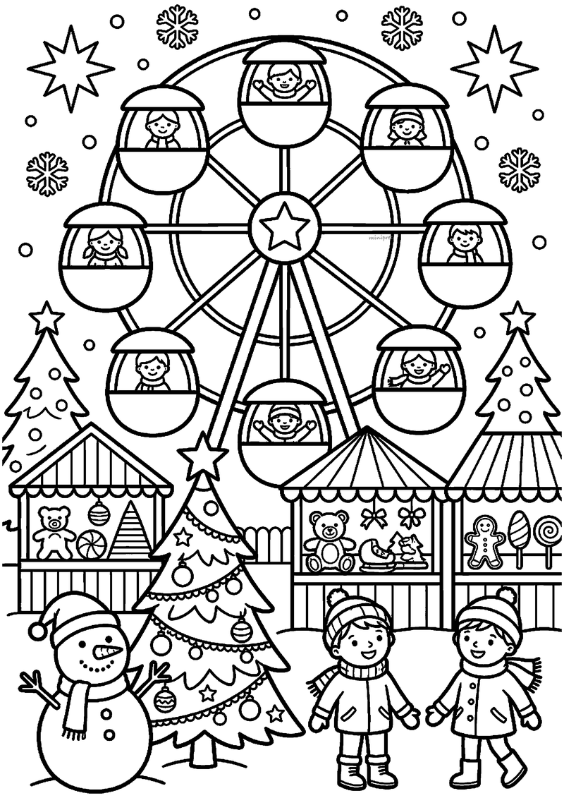 Kleurplaat van een groot reuzenrad met kinderen in negen gondels op kerstmarkt, met sneeuwpop, kraampjes en kerstbomen.