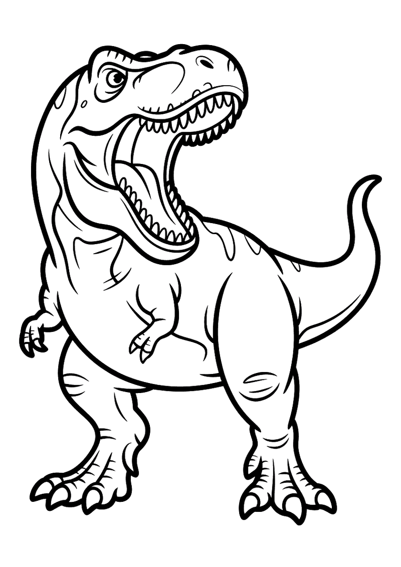 Kleurplaat van een T-Rex die frontaal naar de kijker kijkt met wijd opengesperde bek vol scherpe tanden en uitgestrekte