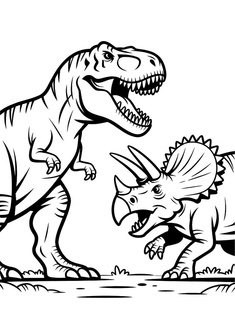 Kleurplaat van een T-Rex met open bek en een Triceratops met hoorns die dreigend tegenover elkaar staan op een open vlak